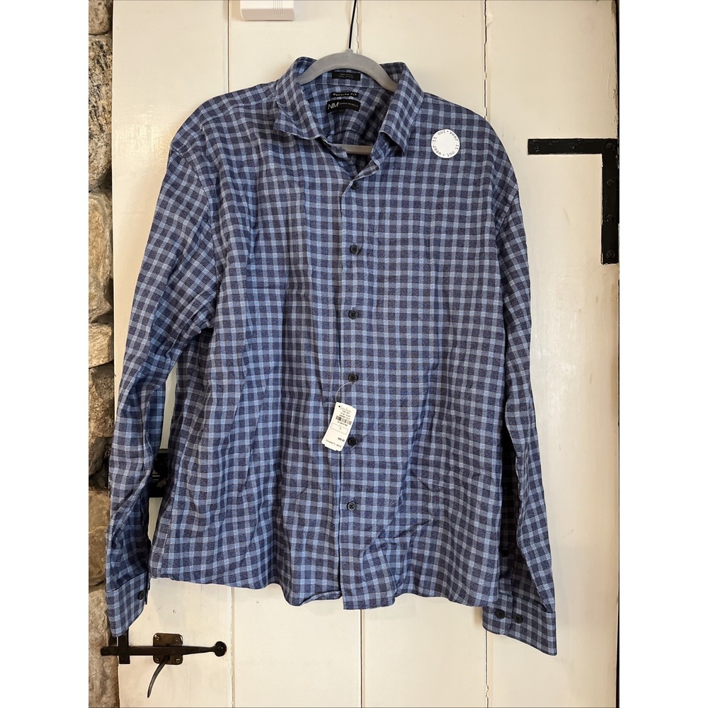 Neiman Marcus Dress Shirt Mens XL Navy Blue   White Plaid Regular Fit NWT